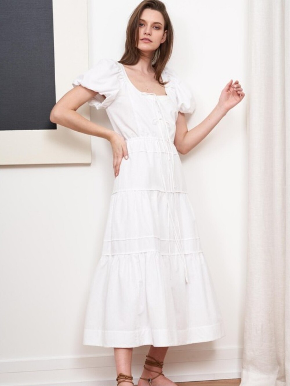 La Ligne Emna White Puff-Sleeve Tie-Waist Tiered Maxi Dress
